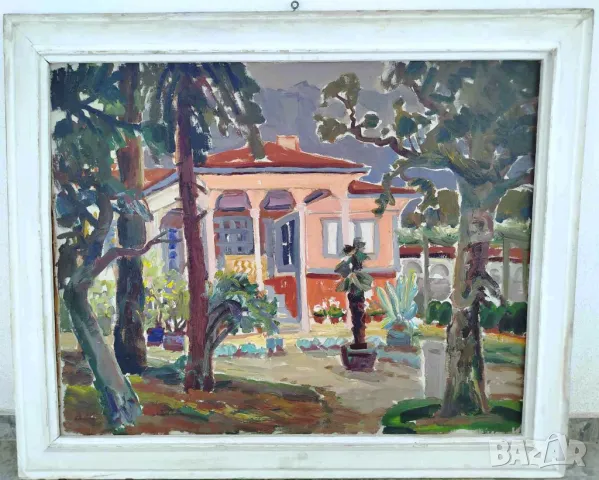 ЛЮБЕН ПЕТРОВ-ЧЕРВЕНИЯ СТАРА БЪЛГАРСКА МАСЛЕНА КАРТИНА - КАРЛОВСКА КЪЩА С ДВОР