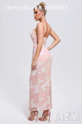 Дълга нежно розова ефирна рокля в седефен отблясък с пайети, снимка 2 - Рокли - 44583257