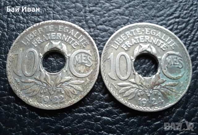 Стара монета 10 сантима 1922 г. и 1924 г. Франция - красавици !, снимка 3 - Нумизматика и бонистика - 42197936
