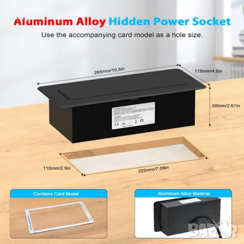 Прибиращ се настолен разклонител с 2 контакта, USB C PD 20W, алуминиев вграден контакт за плот, кухн, снимка 3 - Други - 49262620