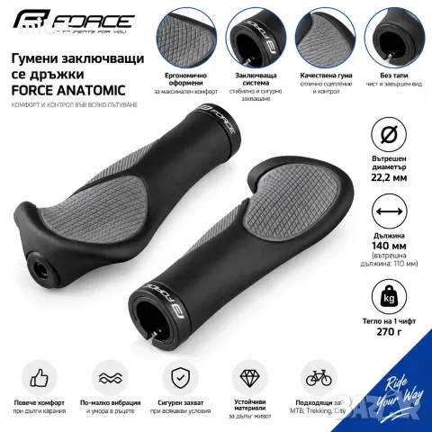 Дръжки FORCE ANATOMIC за велосипед, Заключващи, Ергономични, 140 мм, Черно-сиви, снимка 3 - Аксесоари за велосипеди - 56047017