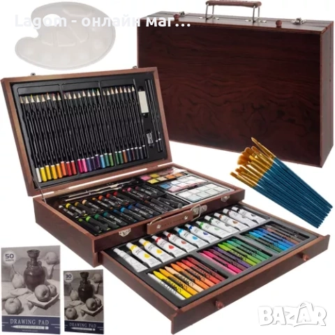 Арт комплект за рисуване в дървен куфар 130 елемента Maaleo