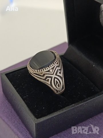 Красив сребърен пръстен маркиран Черен ахат #63В, снимка 2 - Пръстени - 44383206