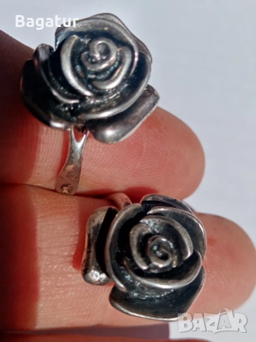 Стари авторски ретро обеци, сребърни, рози,