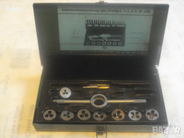 М3-М12 РЕЗБОНАРЕЗНИ МЕТЧИЦИ И ПЛАШКИ НЕПЪЛЕН КОМПЛЕКТ В МЕТАЛНА КУТИЯ СТАРО КАЧЕСТВО ЗА РЕЗБИ, снимка 3 - Други инструменти - 49775037