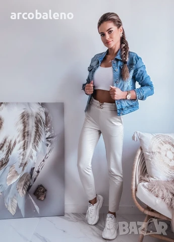 Вталени дамски памучни панталони с декоративна лента на талията, снимка 6 - Панталони - 51067990