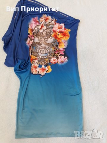 Тънка лятна маркова асиметрична рокля SOG O, с ликра и трико, феерия от пъстри магнолии и камъни , снимка 11 - Рокли - 37423107