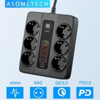 Универсален разклонител с 6 гнезда,3.4А, 5 USB порта и 1 Type-C портала, 3000W, Power Socket QC3.0., снимка 3 - Мрежови адаптери - 40787571