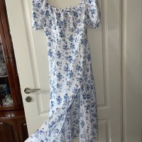 Нова елегантна ежедневна романтична дълга бяла рокля нежни сини полски цветя цепка буфан ръкав к, снимка 7 - Рокли - 42540684