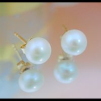 Обеци морски бели перли, 8мм, 14К жълто злато, снимка 3 - Обеци - 30827575