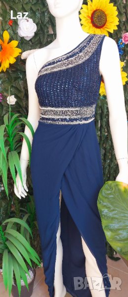 официална бална синя рокля с камъни и цепка, снимка 1