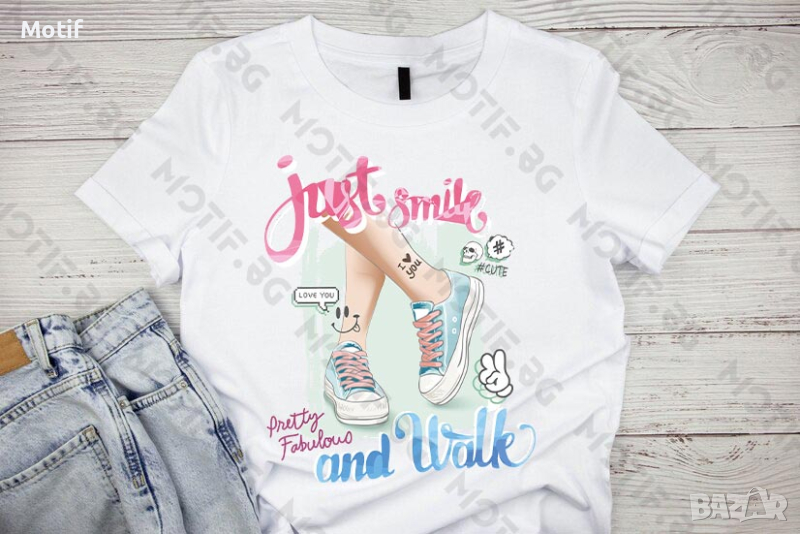 Дамска тениска Motif с цветна щампа кецове / just walk and smile / лято, снимка 1