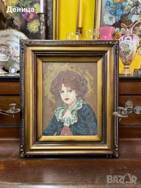 Гоблен “Момчето Жан” в рамка Рамката е масивна, дървена, стара Ръчно бродиран гоблен , снимка 1