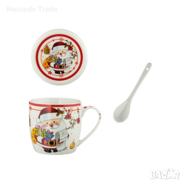 Комплект коледна чаша Mercado Trade, С капак и лъжица, Дядо Коледа, 350мл., снимка 1