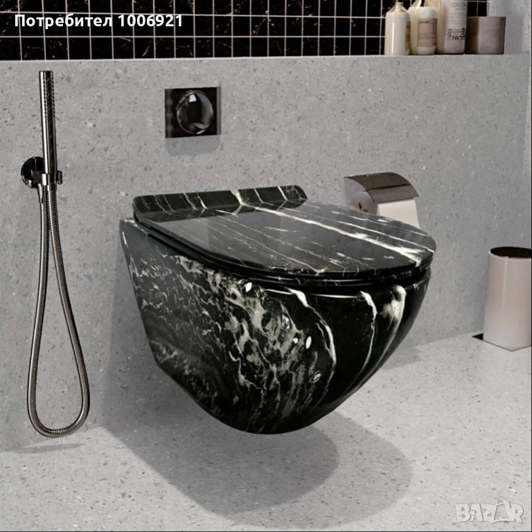 Черна тоалетна за вграждане с мраморни шарки, снимка 1