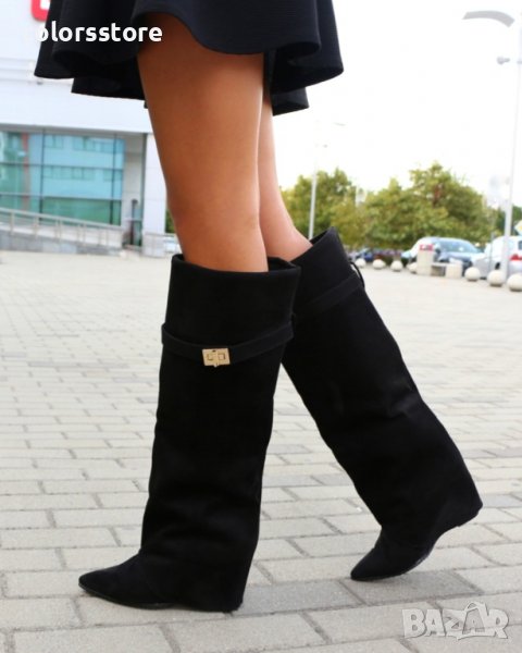Ботуши на платформа - черен велур - K-40, снимка 1