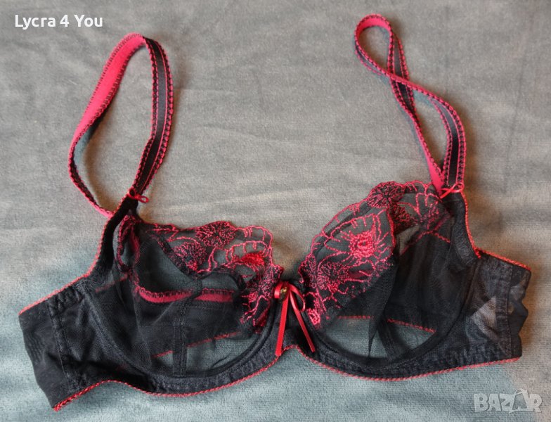 80В черен тюлен сутиен с червена бродерия на чашките, снимка 1