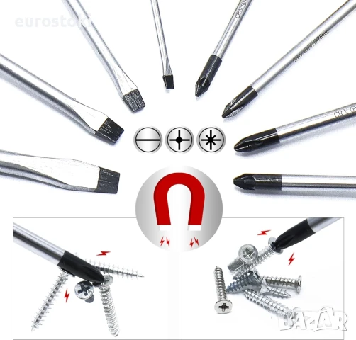 CCLIFE Комплект магнитни отвертки от 8 части с плоски, Pozidriv и Phillips CR-V отвертки с куфар , снимка 3 - Куфари с инструменти - 51076006