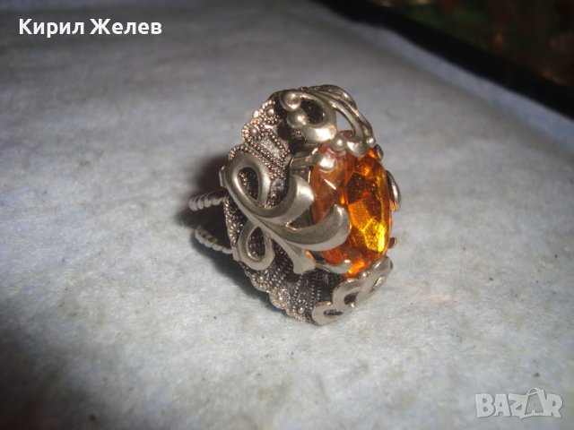 СТАР СКЪПОЦЕНЕН РЕТРО МЕДЕН ПОСРЕБРЕН ПРЪСТЕН с ОГРОМЕН ЮВЕЛИРНО ФАСЕТИРАН НАТУРАЛЕН ЦИТРИН 26280, снимка 2 - Антикварни и старинни предмети - 36772029