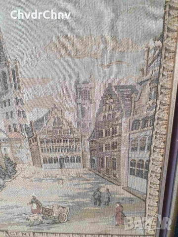 Гент-Брюксел 54см/2бр стари финни белгийски гоблени/средновековен градски пейзаж/дървена рамка, снимка 12 - Гоблени - 50448537
