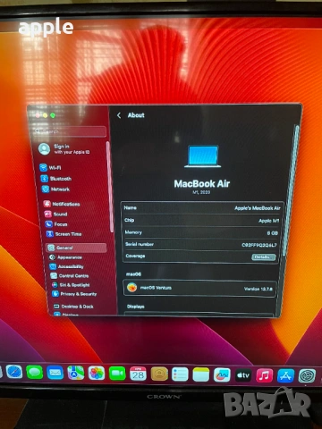 13" M1 Macbook Air A2337 Silver-НА ЧАСТИ, снимка 9 - Лаптопи за дома - 54299598