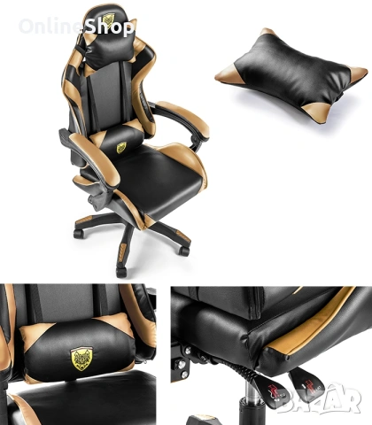 Стилен геймърски стол с масажна възглавница в златисто -GOLD, снимка 6 - Геймърски - 53314544