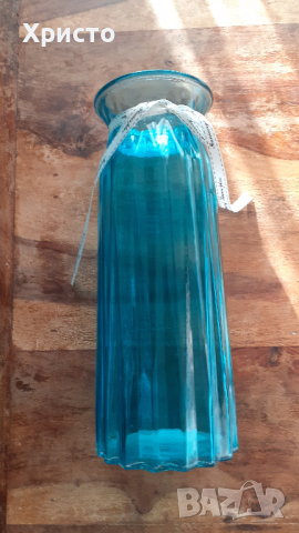 ваза стъклена синя дизайнерска качествена висока 30 см