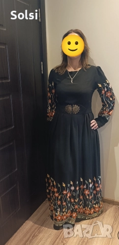 дълга рокля пясъчна коприна с бродерия размер l