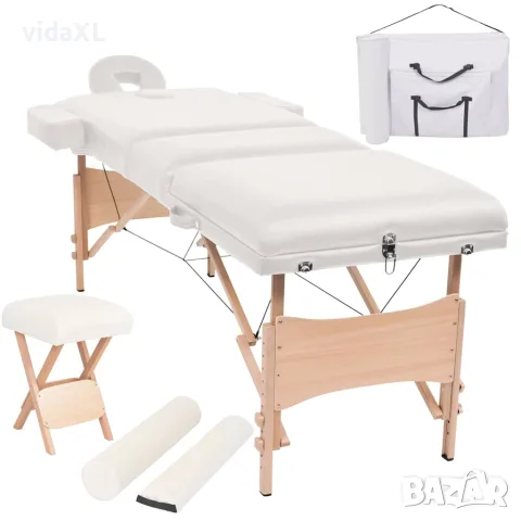 vidaXL Сгъваема масажна кушетка с 3 зони и столче, 10 см пълнеж, бяла