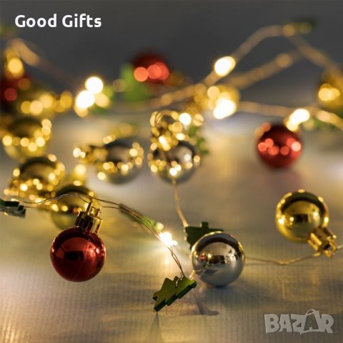 Коледни лампички Коледни топки и елхи, 2.20м, Топло бяло