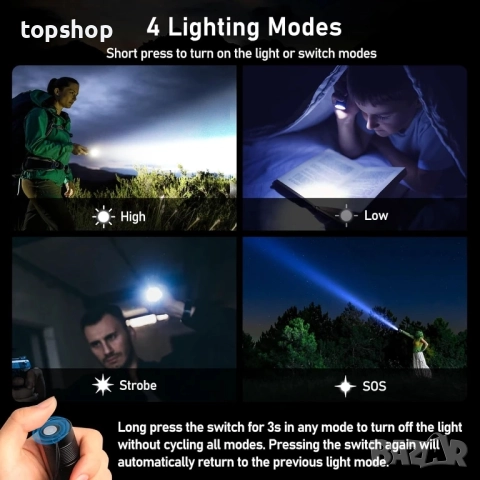 Фенерче с акумулаторна батерия, фенерче с висока мощност, супер ярка LED светлина, регулируем..., снимка 4 - Прожектори - 51572531