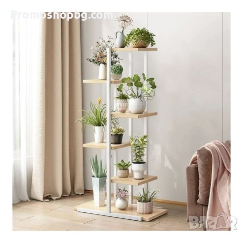 ПРОМОЦИЯ! Поставка за цветя, етажерка, цветарник метална, с 6 дървени рафта, 113 x 60 x 20 cm, снимка 3 - Други стоки за дома - 44327945