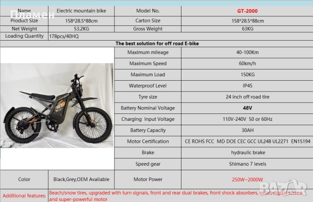 НОВО!! Електрически велосипед Ouxi GT2000  2000W 48V30Ah 60 км.ч. , снимка 12 - Друга електроника - 51637637