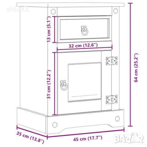 vidaXL Нощно шкафче Corona, 45x35x64 см, бор масив, снимка 9 - Шкафове - 56147402
