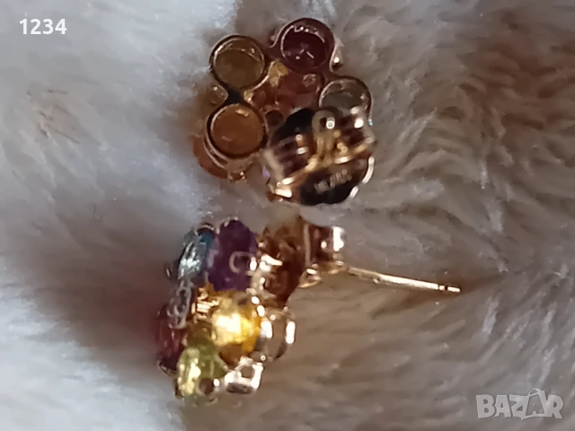  Златни обеци МEXICO  с диаманти и микс от естествени камъни ръчна изработка, снимка 5 - Обеци - 53932380