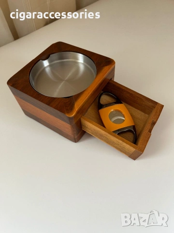 Дървен пепелник за пури с чекмедже + резачка в комплект