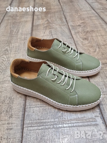 Дамски спортни обувки от естествена кожа в зелено 