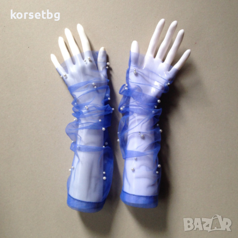 Дамски ръкавици без пръсти от син тюл с бели мъниста- 3009, снимка 1 - Ръкавици - 44818035