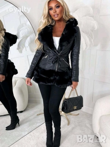 Дамско черно кожено яке с пух , снимка 2 - Якета - 51966097