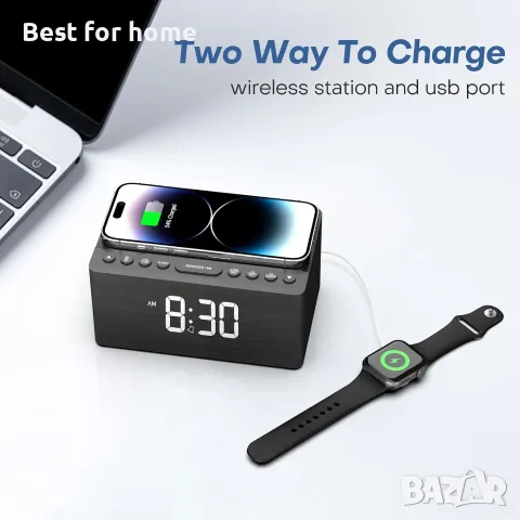 ANJANK Дървен Bluetooth високоговорител с будилник и FM радио, безжична станция за зареждане , снимка 5 - Безжични зарядни - 55874482