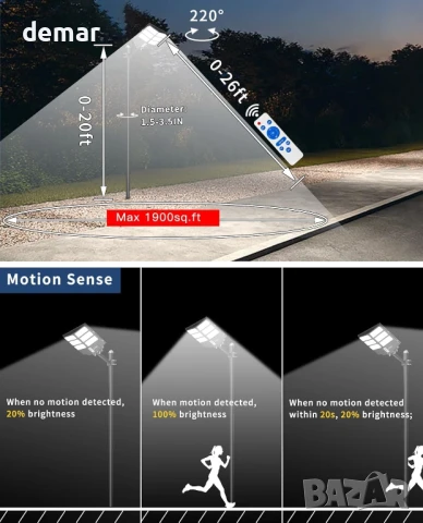 JAYNLT 800W Соларна улична лампа със сензор за движение, дистанционно, снимка 4 - Соларни лампи - 51335606