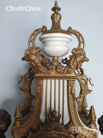 Италия 1960-те Hermle/63см-14кг Арт Деко италиански каминен часовник/бронзови фигури-бял мрамор, снимка 8 - Антикварни и старинни предмети - 52533387