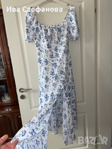 Нова елегантна ежедневна романтична дълга бяла рокля нежни сини полски цветя цепка буфан ръкав к, снимка 7 - Рокли - 42540684