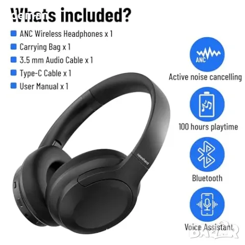 Безжични Bluetooth слушалки с ANC, до 100ч батерия, over-ear, снимка 8 - Bluetooth слушалки - 55933445