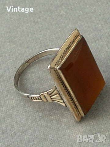 Разкошен сребърен позлатен пръстен с естествен камък Сердолик  , снимка 4 - Пръстени - 54306439