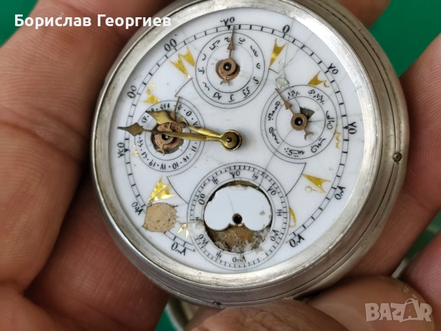 Стар сребърен джобен часовник календар Tavannes, снимка 3 - Антикварни и старинни предмети - 52522189