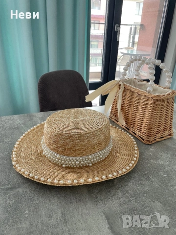 Сламена дамска шапка с декорация от перли, снимка 3 - Шапки - 54172456