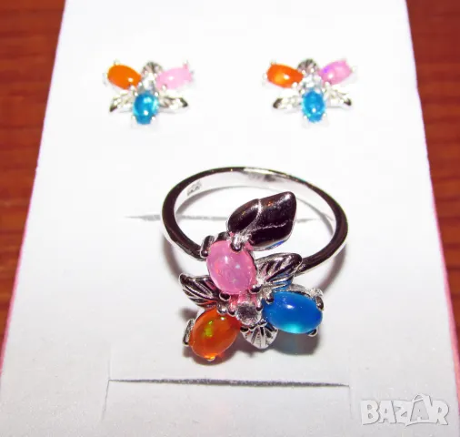 925 сребърни обеци и пръстен с натурални опали подходящи за подарък, снимка 5 - Бижутерийни комплекти - 50230575