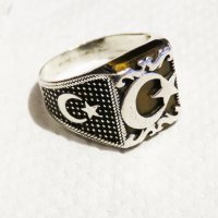 стар красив мъжки сребърен пръстен с полумесецът и звездата, турски пръстен, османск, снимка 4 - Пръстени - 35483104