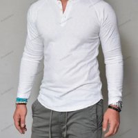 Мъжка едноцветна тениска с копчета с обло деколте и дълъг ръкав, 3цвята - 023, снимка 2 - Тениски - 39304497
